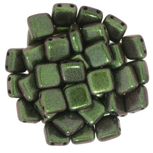 6mm Square Glass Czech Two Hole Tile Bead, Polychrome Olive Mauve, 25 pieces