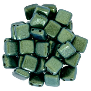 6mm Square Glass Czech Two Hole Tile Bead, Polychrome Mint Chocolate, 25 pieces