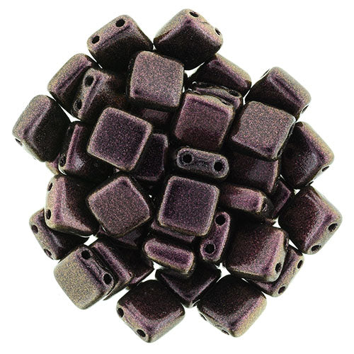 6mm Square Glass Czech Two Hole Tile Bead, Polychrome Pink Olive, 25 pieces