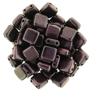 6mm Square Glass Czech Two Hole Tile Bead, Polychrome Pink Olive, 25 pieces
