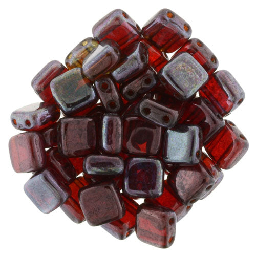 6mm Square Glass Czech Two Hole Tile Bead, Siam Ruby Vega, 25 pieces