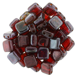 6mm Square Glass Czech Two Hole Tile Bead, Siam Ruby Vega, 25 pieces