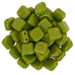 6mm Square Glass Czech Two Hole Tile Bead, Gold Marbled Opaque Olive, 25 pieces
