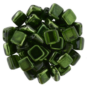6mm Square Glass Czech Two Hole Tile Bead, Mirror Fern Green, 25 pieces