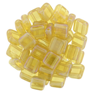 6mm Square Glass Czech Two Hole Tile Bead, Luster Iris Topaz, 25 pieces