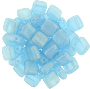 6mm Square Glass Czech Two Hole Tile Bead, Sueded Gold Aquamarine, 25 pieces