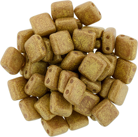 6mm Square Glass Czech Two Hole Tile Bead, Pacifica Macadamia, 25 pieces
