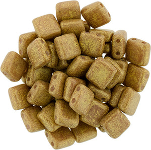 6mm Square Glass Czech Two Hole Tile Bead, Pacifica Macadamia, 25 pieces