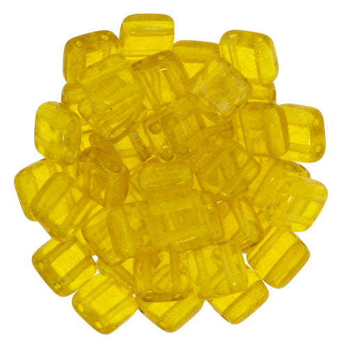 6mm Square Glass Czech Two Hole Tile Bead, Lemon Stardust, 25 pieces