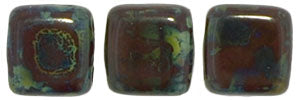 6mm Square Glass Czech Two Hole Tile Bead, Opaque Dark Red Picasso, 25 pieces