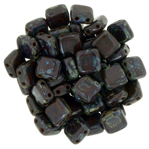 6mm Square Glass Czech Two Hole Tile Bead, Opaque Dark Red Picasso, 25 pieces