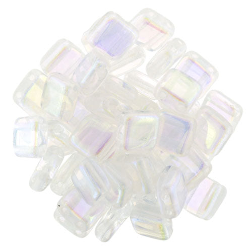 6mm Square Glass Czech Two Hole Tile Bead, Crystal Double Sided AB, 25 pieces