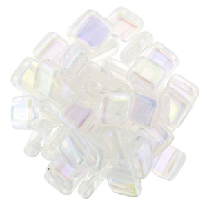6mm Square Glass Czech Two Hole Tile Bead, Crystal Double Sided AB, 25 pieces