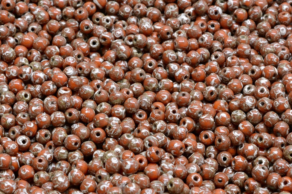 3mm Czech Round Druk Bead, Orange Picasso, 50 pieces