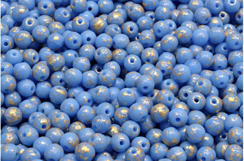 4mm Czech Round Druk Bead, Cornflower Blue Gold Splash, 50 pieces