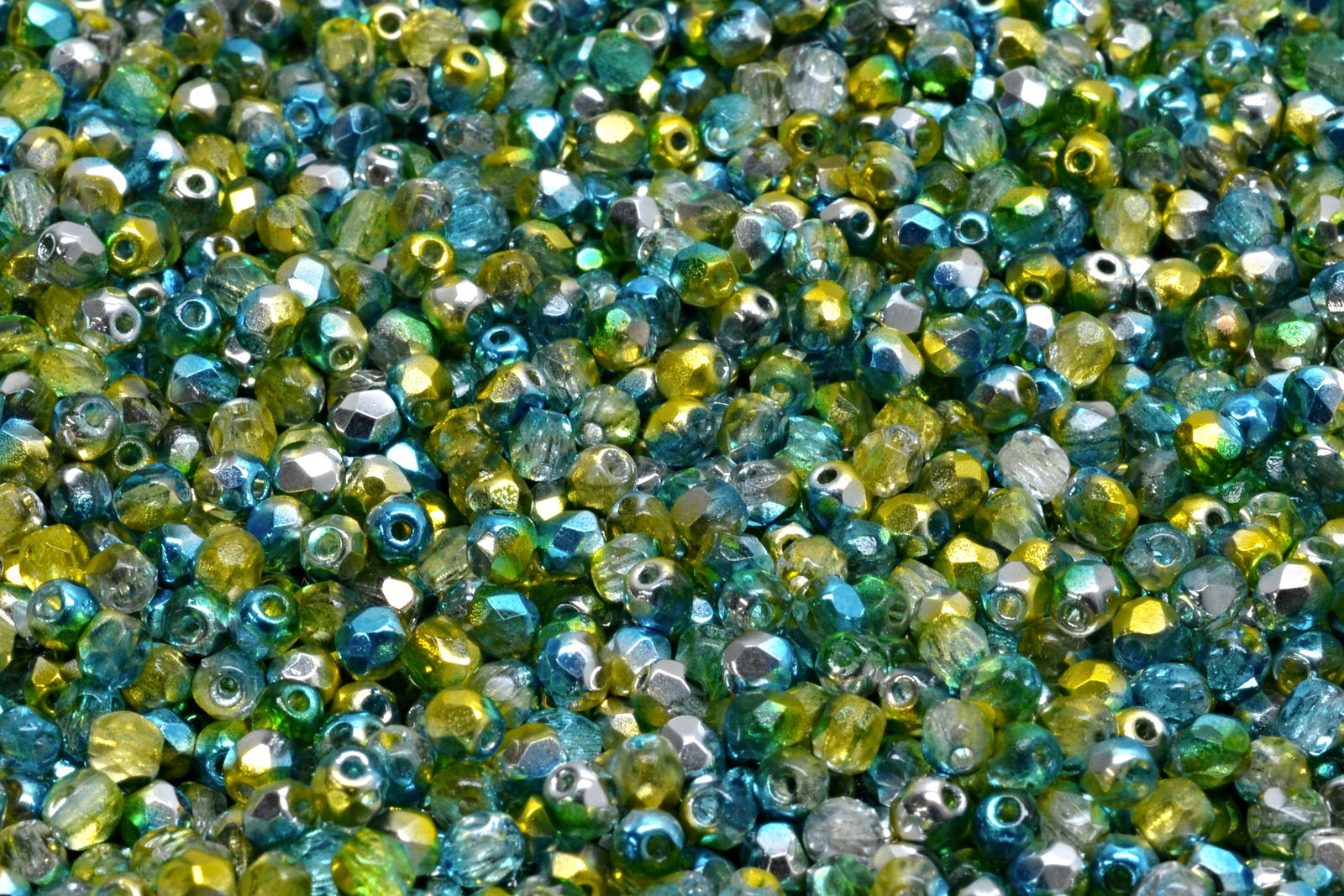 3mm Czech Fire Polish Beads, Chartreuse/Teal, 50 pieces