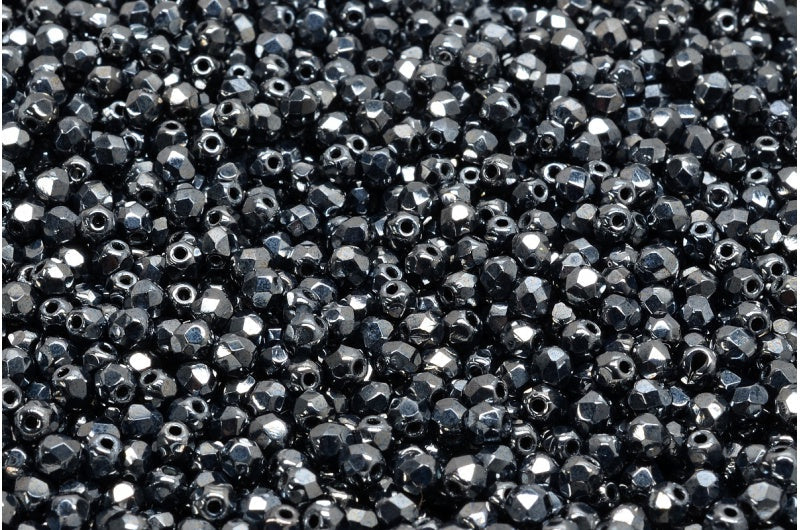 3mm Czech Fire Polish Beads, Jet Hematite, 50 pieces