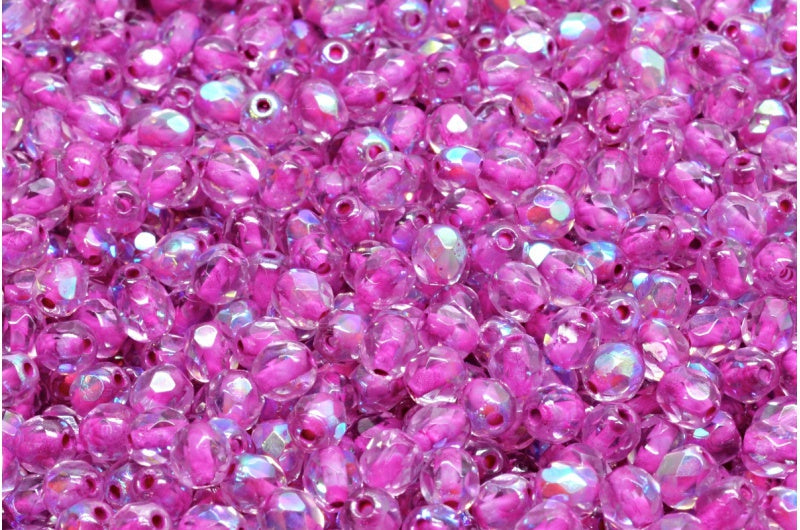 4mm Czech Fire Polish Beads, Fuchsia Lined Crystal AB, 50 pieces