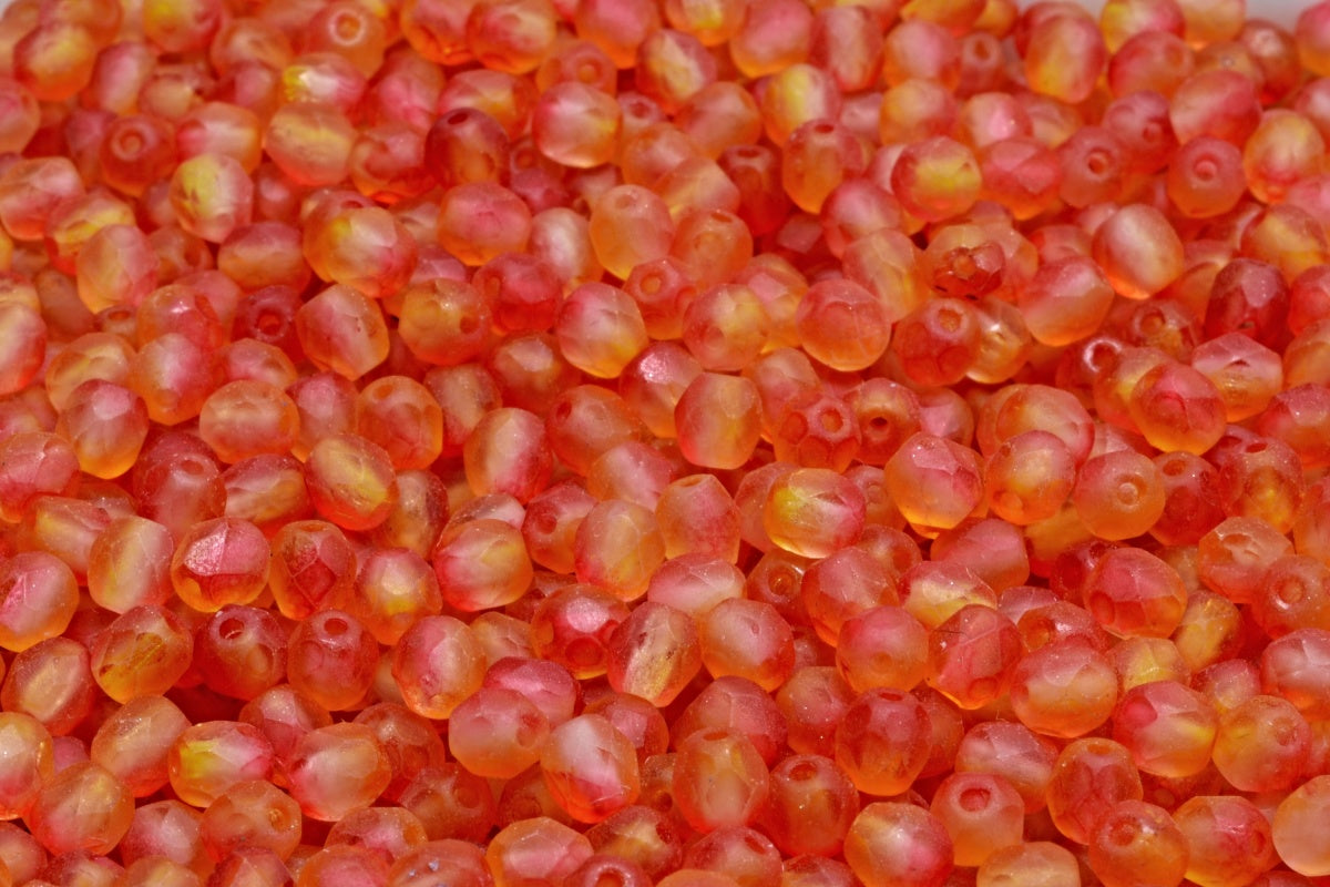 4mm Czech Fire Polish Beads, Matte Crystal Fire Fuchsia/Lemon, 50 pieces