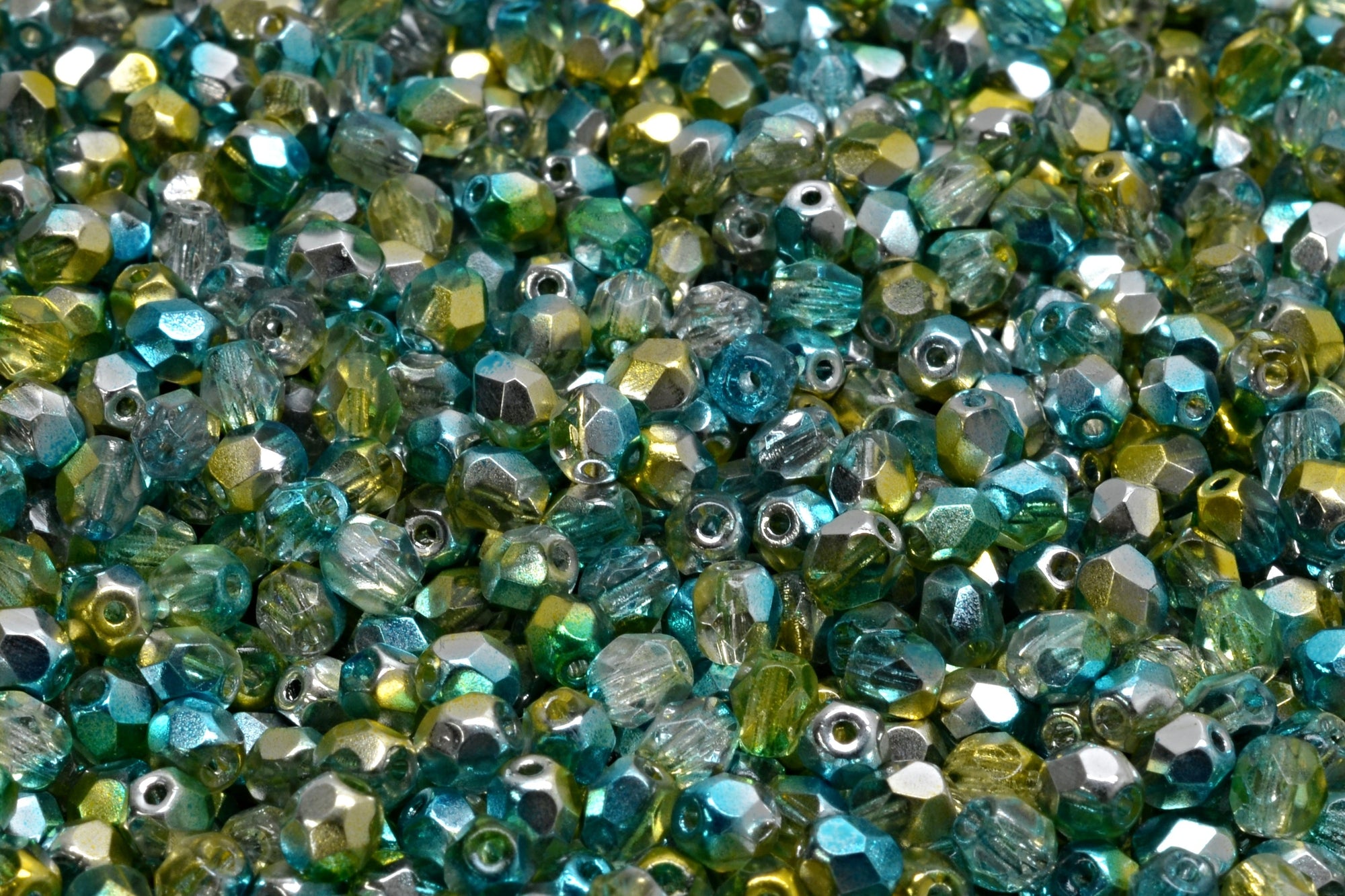 4mm Czech Fire Polish Beads, Chartreuse/Teal, 50 pieces