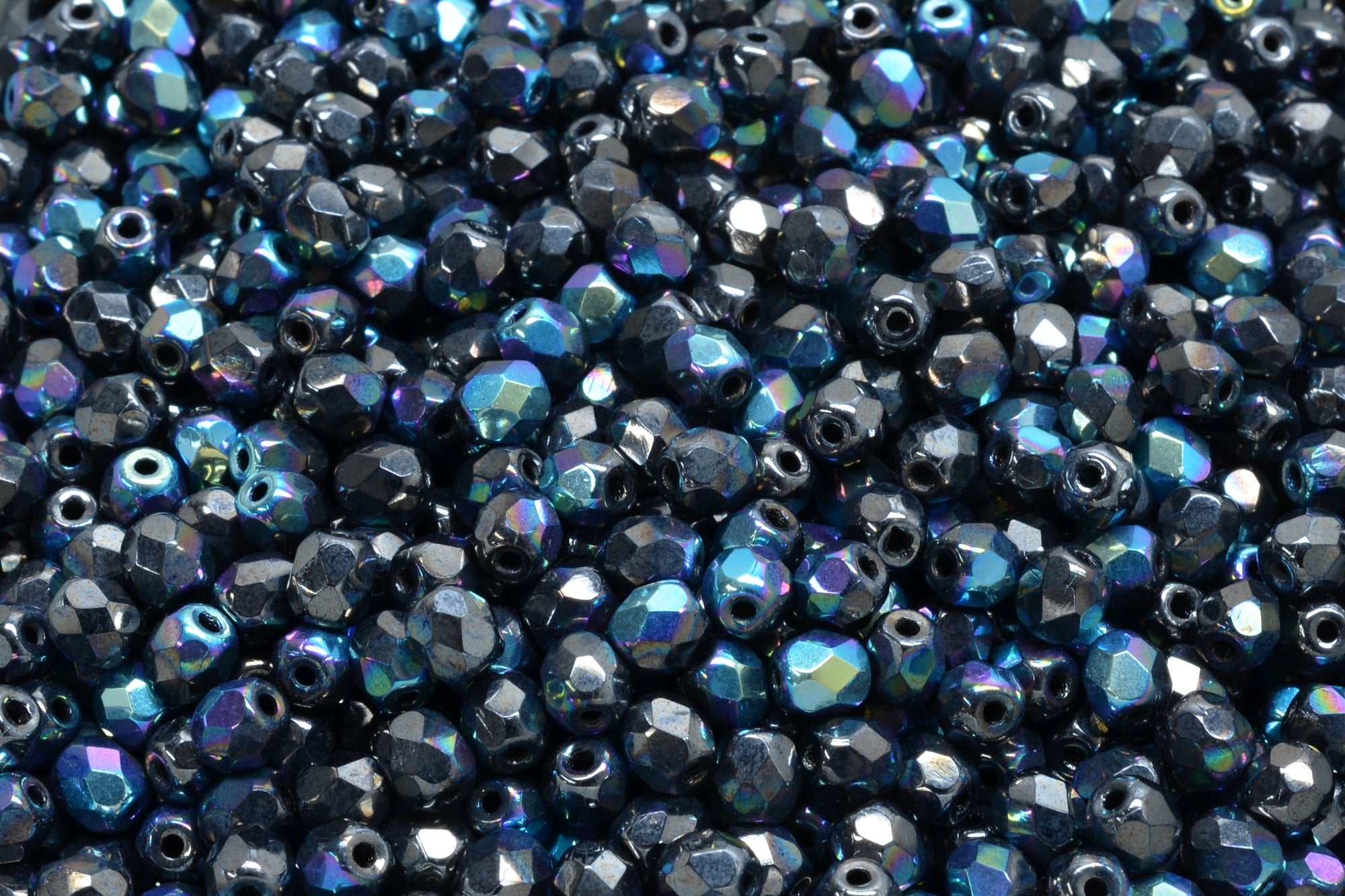 4mm Czech Fire Polish Beads, Jet Hematite AB, 50 pieces