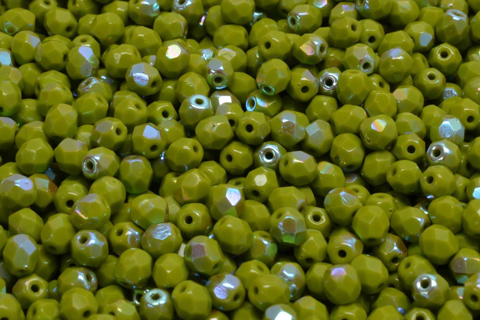 4mm Czech Fire Polish Beads, Opaque Olive AB, 50 pieces
