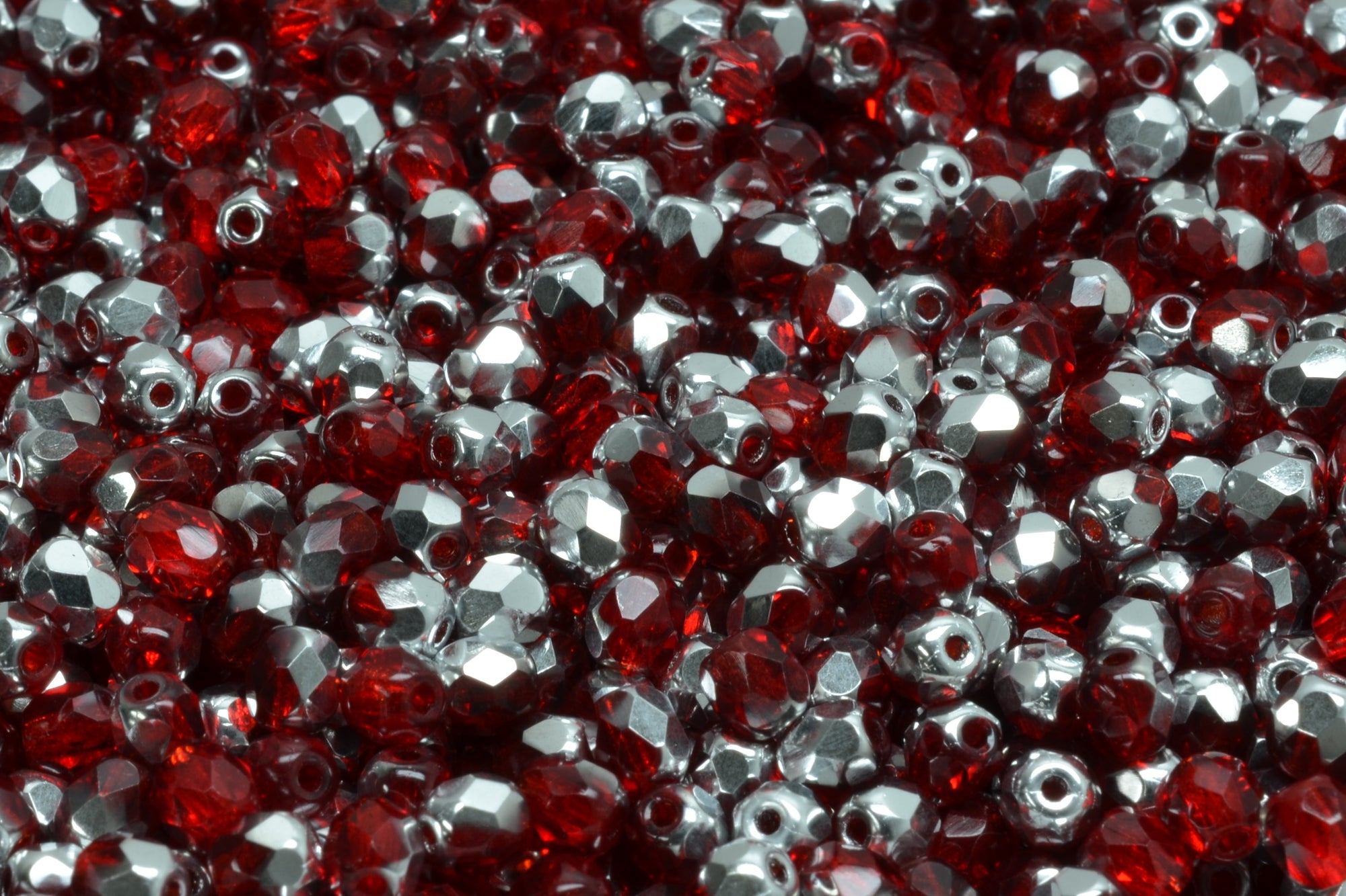 4mm Czech Fire Polish Beads, Siam Ruby Silver, 50 pieces