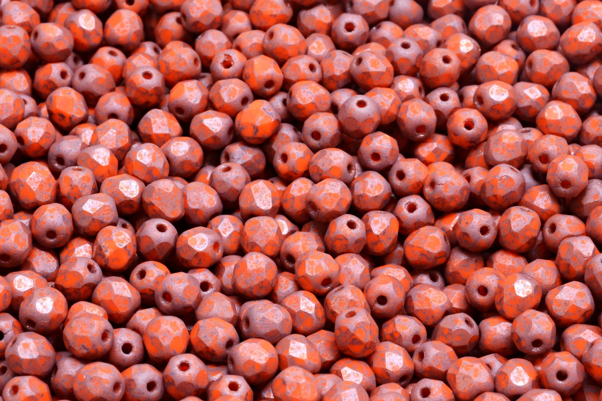 4mm Czech Fire Polish Beads, Matte Opaque Orange Marble, 50 pieces