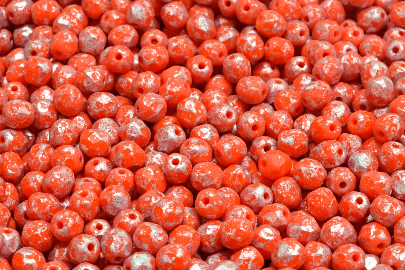 4mm Czech Fire Polish Beads, Matte Opaque Orange Silver Splash, 50 pieces
