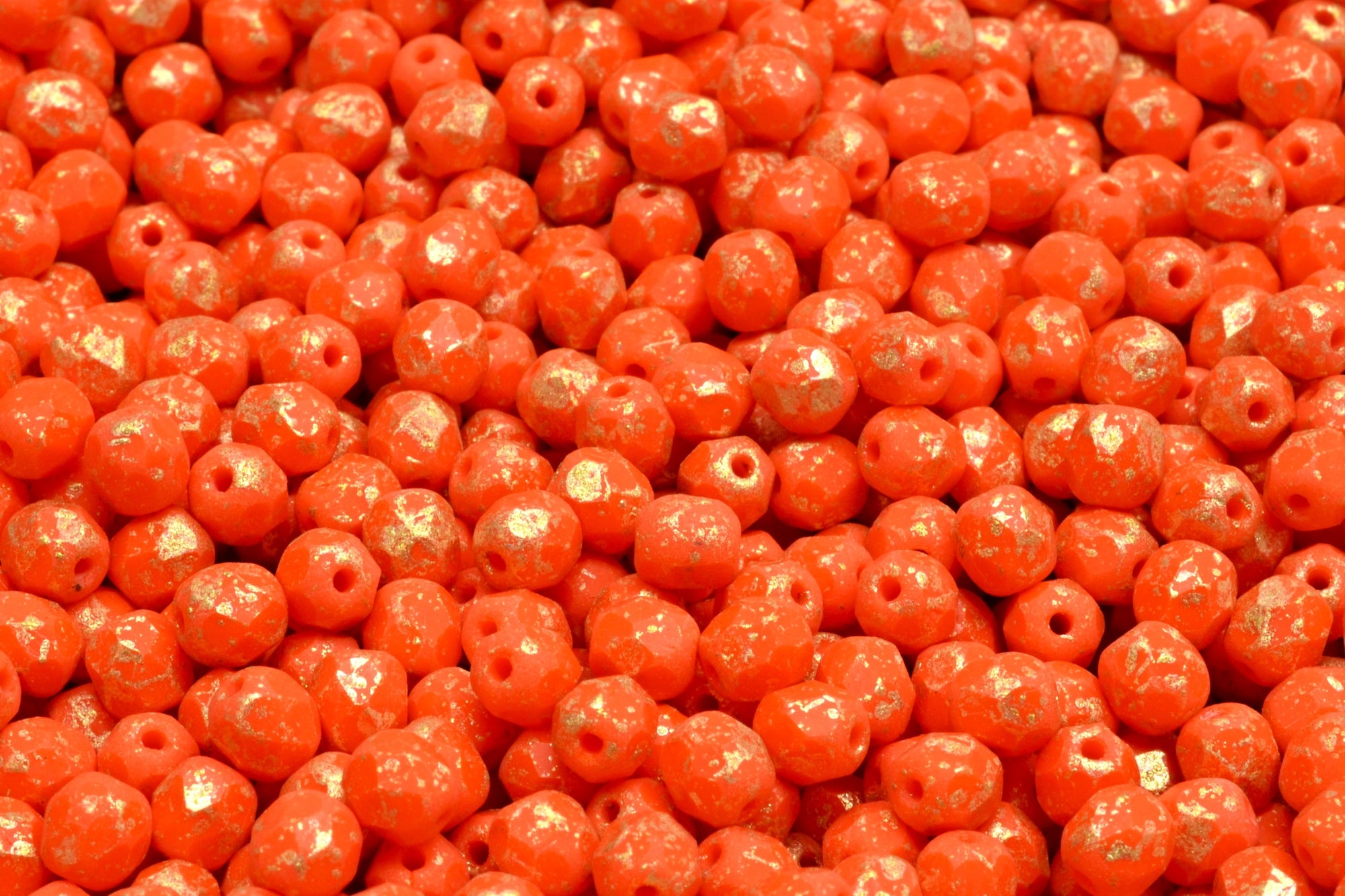 4mm Czech Fire Polish Beads, Matte Opaque Orange Gold Splash, 50 pieces