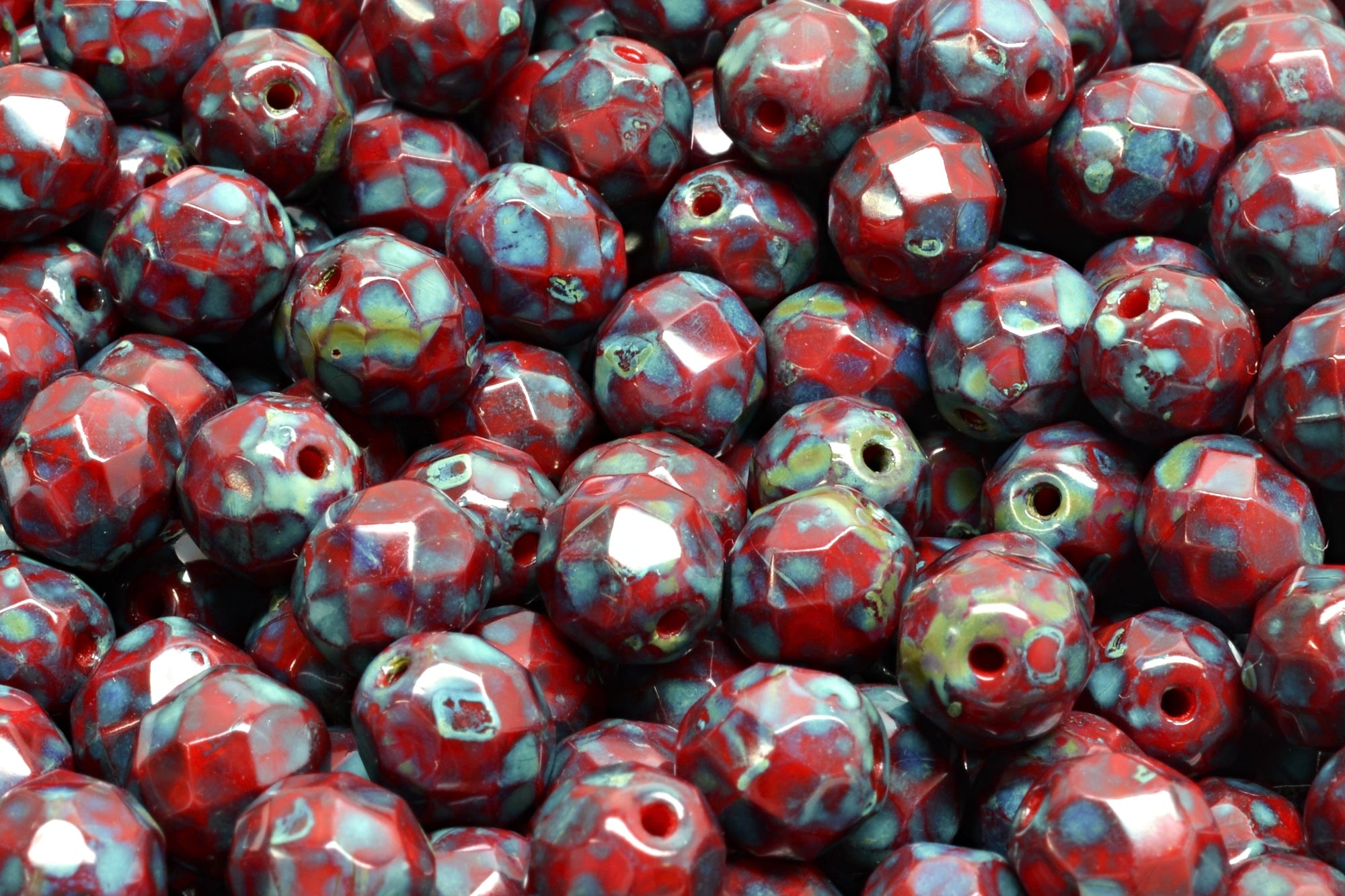 8mm Czech Fire Polish Beads, Red Travertin, 25 pieces