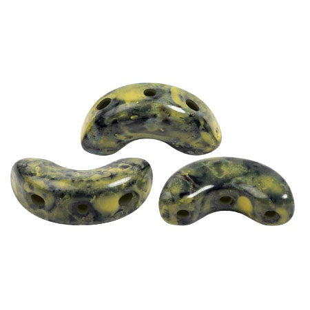 Arcos Par Puca, Black Stony Beige Yellow, 10 grams, Czech 3 Hole Glass Bead