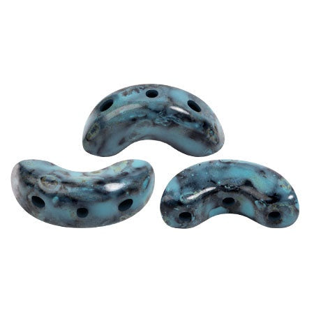 Arcos Par Puca, Black Stony Blue Green, 10 grams, Czech 3 Hole Glass Bead