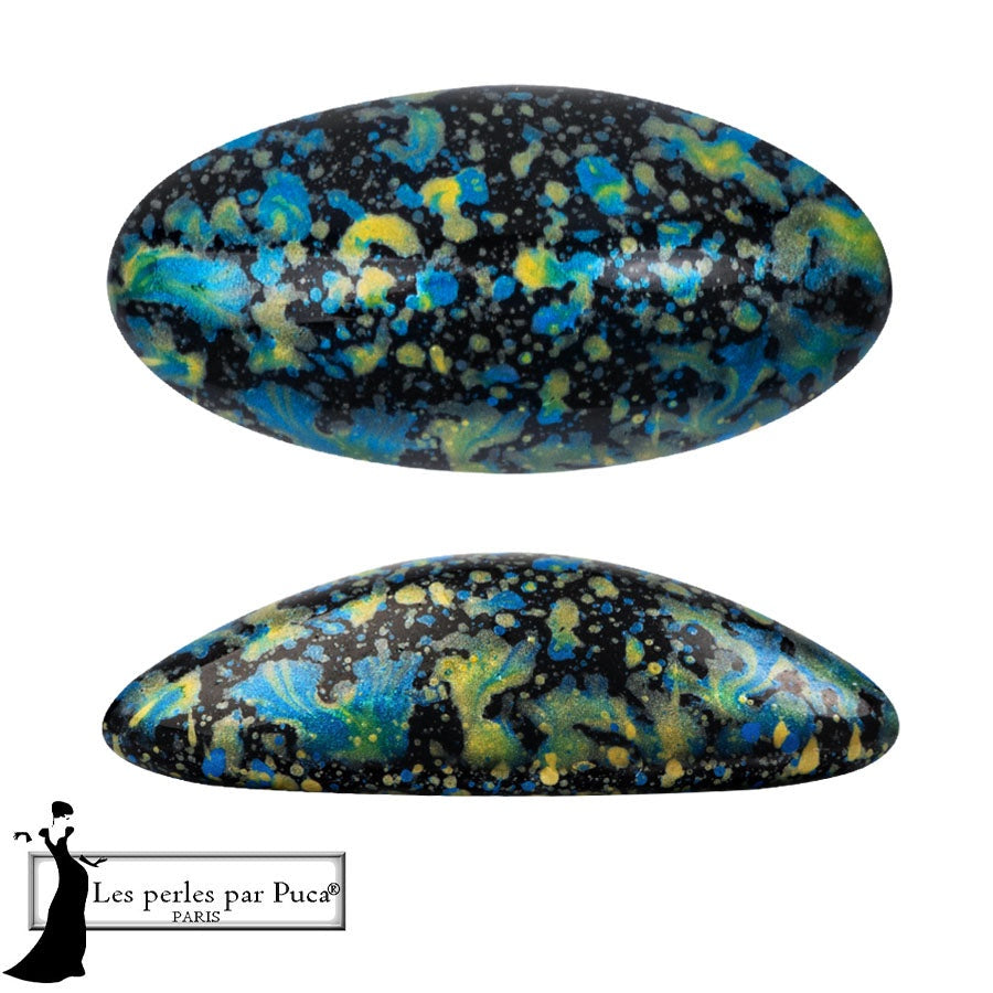 Athos Par Puca Oval Czech Glass Cabochon, Enamel Blue Yellow, 2 pieces