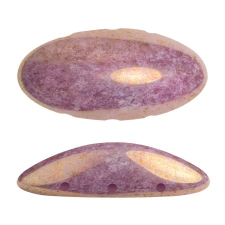 Athos Par Puca 3-Hole Oval Czech Glass Cabochon, Opaque Mix Violet/Gold Ceramic Look, 2 pieces