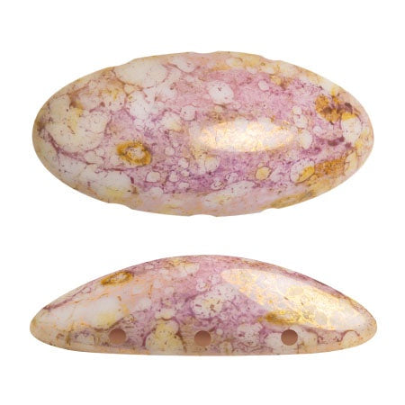 Athos Par Puca 3-Hole Oval Czech Glass Cabochon, Opaque Mix Rose/Gold Ceramic Look, 2 pieces