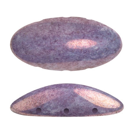 Athos Par Puca 3-Hole Oval Czech Glass Cabochon, Opaque Mix Amethyst/Gold Ceramic Look, 2 pieces