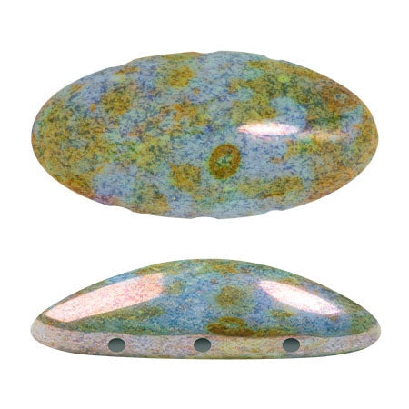 Athos Par Puca 3-Hole Oval Czech Glass Cabochon, Opaque Mix Blue/Green Ceramic Look, 2 pieces