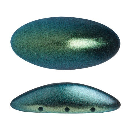 Athos Par Puca 3-Hole Oval Czech Glass Cabochon, Metallic Matte Green Turquoise, 2 pieces