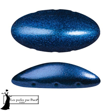 Athos Par Puca 3-Hole Oval Czech Glass Cabochon, Metallic Caribbean Blue, 2 pieces