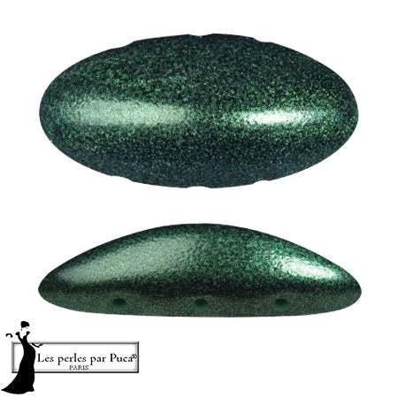 Athos Par Puca 3-Hole Oval Czech Glass Cabochon, Metallic Green Forest, 2 pieces