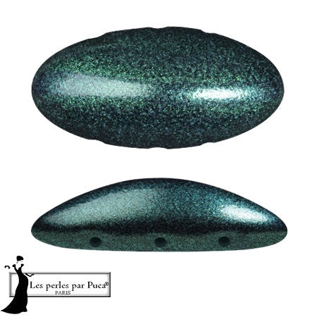 Athos Par Puca 3-Hole Oval Czech Glass Cabochon, Metallic Emerald, 2 pieces