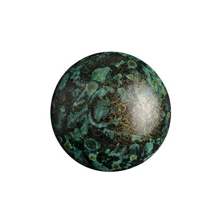 Cabochon Par Puca 14mm, Metallic Matte Green Spotted, 2 pieces, Czech Glass