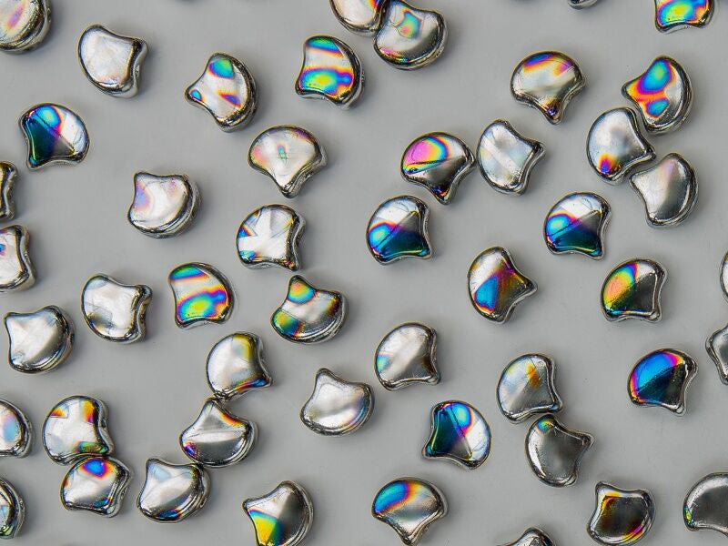 Ginko, Batik Jet Silver Rainbow, 2-Hole Czech Glass Bead, 8 grams