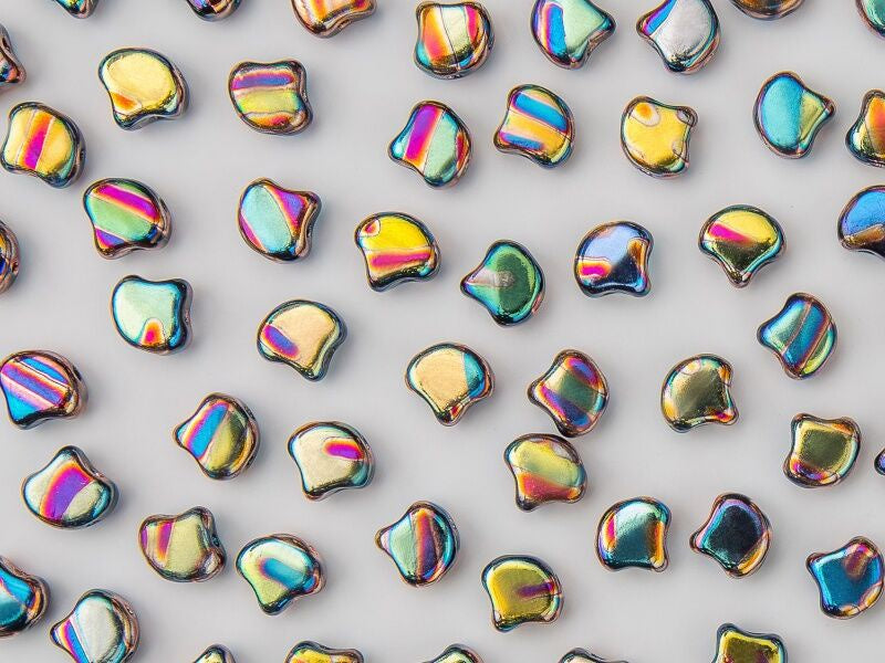Ginko, Striped Jet Summer Rainbow, 2-Hole Czech Glass Bead, 8 grams