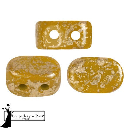 Lipsi Par Puca, Yellow Amber Splash, 10 grams, Czech 2 Hole Glass Bead