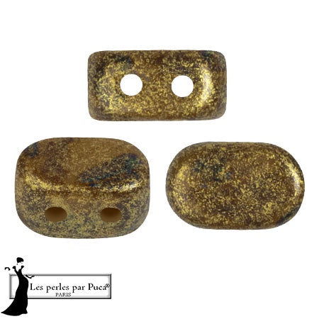 Lipsi Par Puca, Green Avocado Gold Spotted, 10 grams, Czech 2 Hole Glass Bead