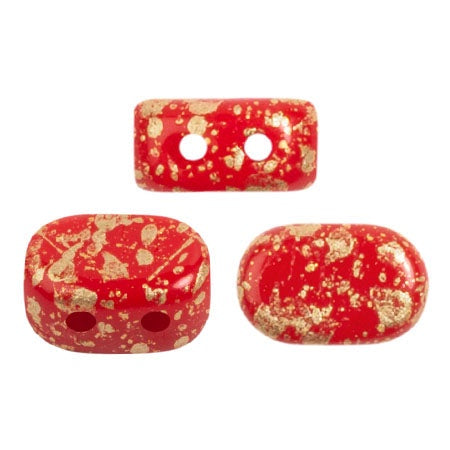Lipsi Par Puca, Opaque Coral Red Splash, 10 grams, Czech 2 Hole Glass Bead
