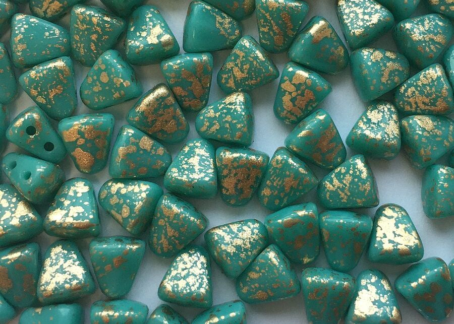 Nib-Bit, Gold Splash Opaque Turquoise, 2-Hole Czech Glass Bead, 8 grams