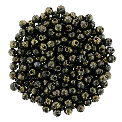2mm Czech Round Glass Druk Bead, Jet Bronze Picasso, 100 pieces